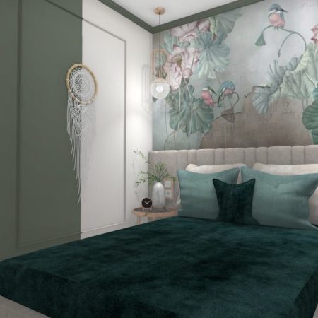 Zielona sypialnia z tapetą