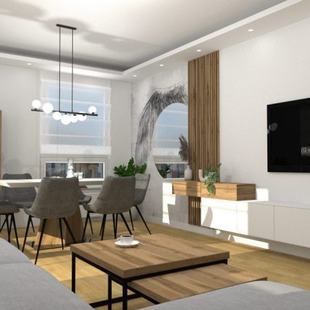 Salon z jadalnią z tapetą skrzydła powyżej 20m2