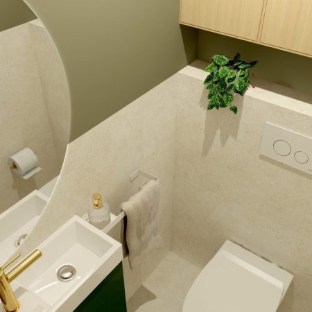 Małe wc w barwach zieleni i beżu